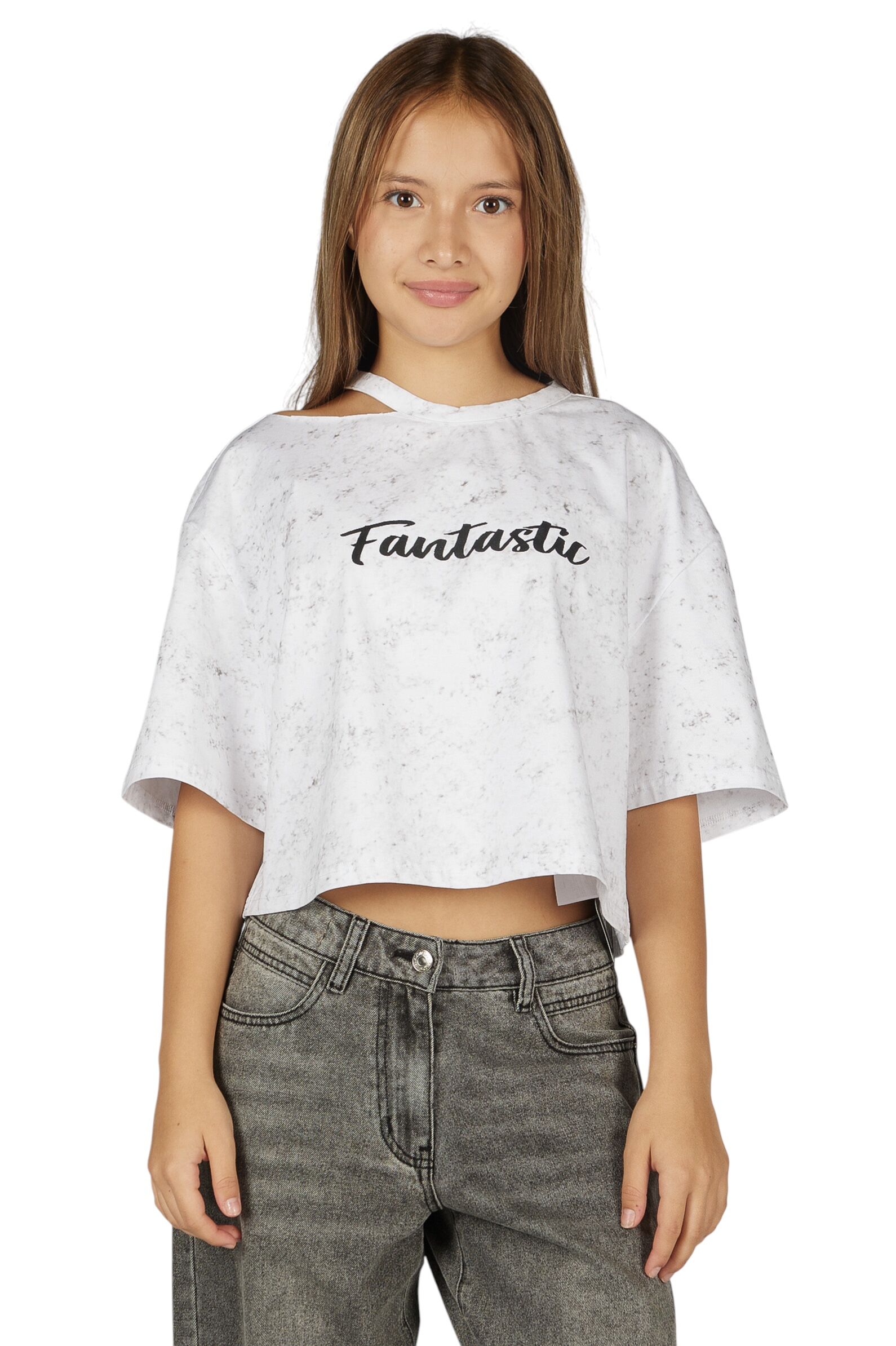 Футболка дев. АРТ.G-TS26006,бел-сер,хл-эл